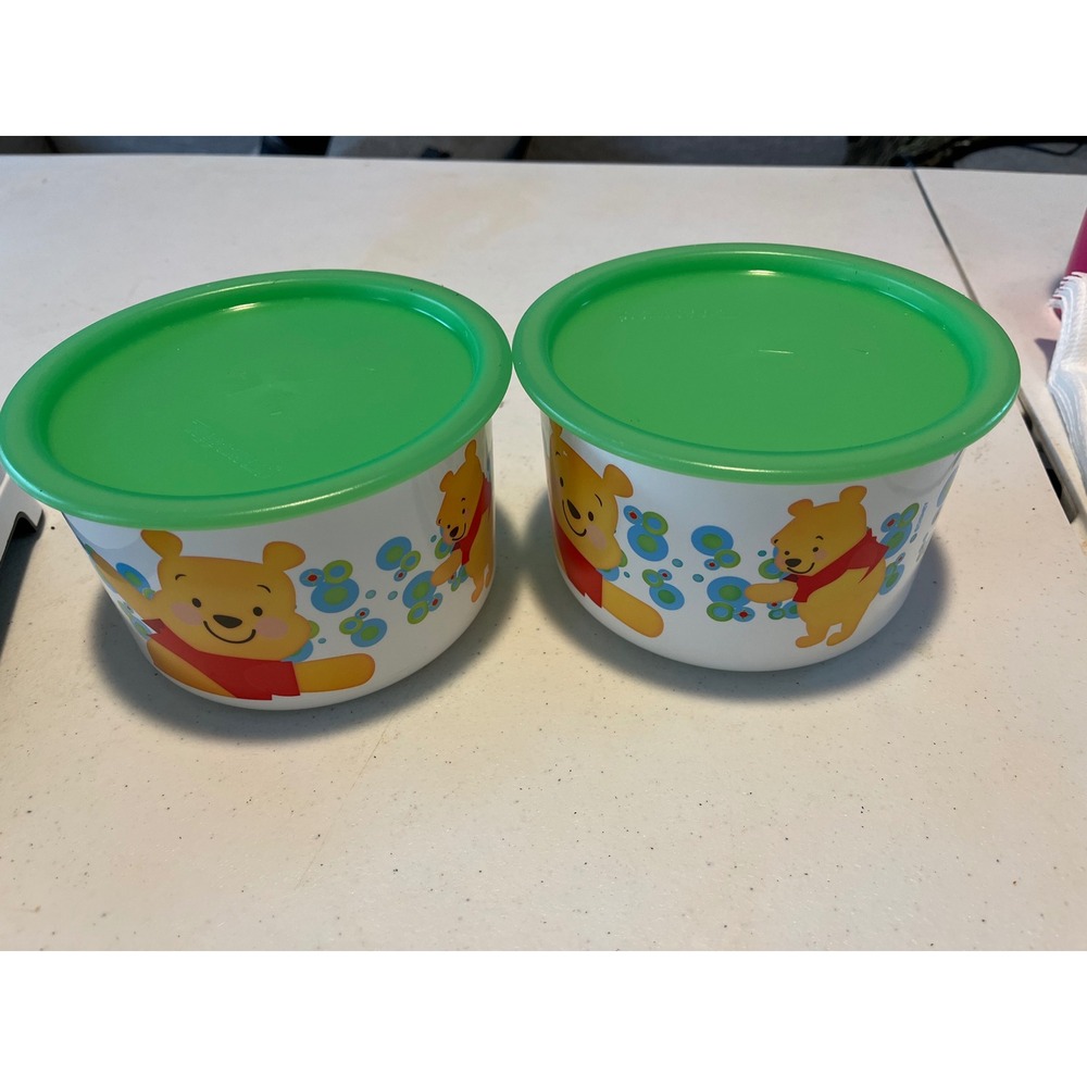 Tupperware Disney Winnie the Pooh Snack Cup Set of 2 with Green Lids White